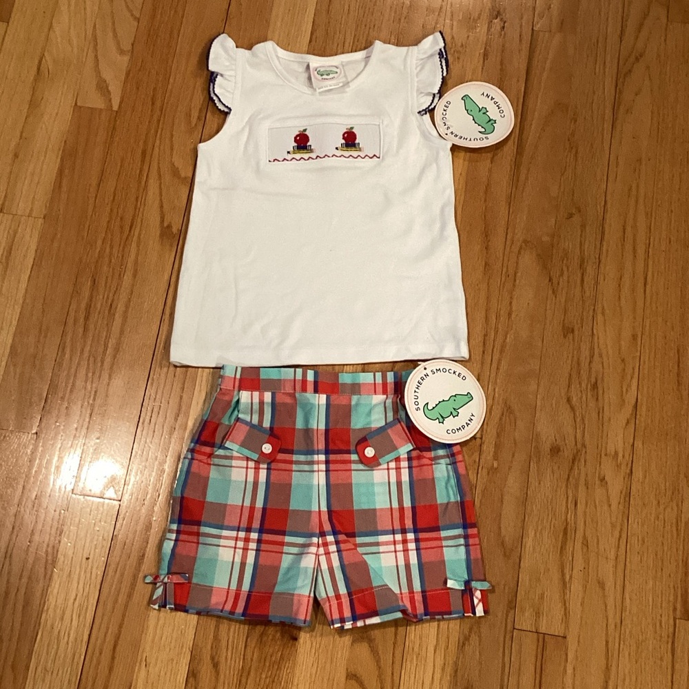 Smocked White Flutter-Sleeve Top & Red Plaid Shorts Kids Matching Set